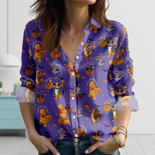 Halloween Winnie the Pooh Linen-Look Shirt, Purple Blouse Shirt, Trick or Treat Shirt, Spooky Cute Cottagecore Blouse Women Shirt