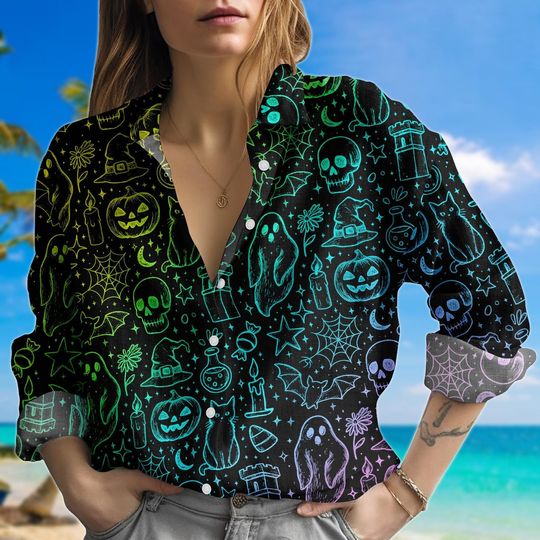 Rainbow Halloween Satin Blouse, Witchcore Long Sleeve Shirt, Spooky Ghost Print Top, Goth Pastel Button Shirt, Festival Blouse, Linen S