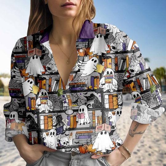 Discover Retro Ghost Book Halloween Shirt, Bookish Ghost Horror Blouse Shirt, Fall Library Boo Ghost Casual Shirt, Halloween Gift For Book Lover