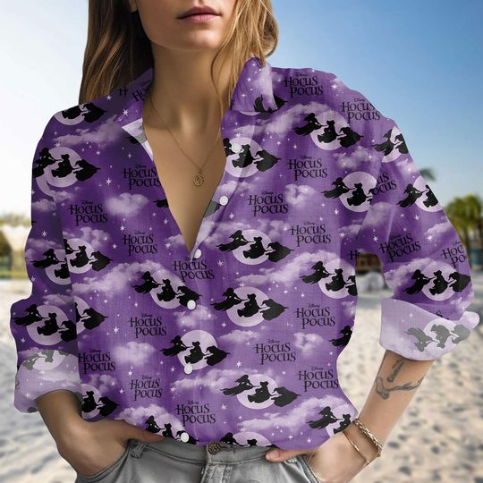 Hocus Pocus Linen-Look Shirt, Purple Witch Moon Halloween Blouse Shirt, Disney Sanderson Sisters Button Down Top, Halloween Gift