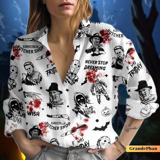 Discover Halloween Michael Myers Blouse Shirt, Horror Movie Killers Button Shirt, Halloween Casual Shirt