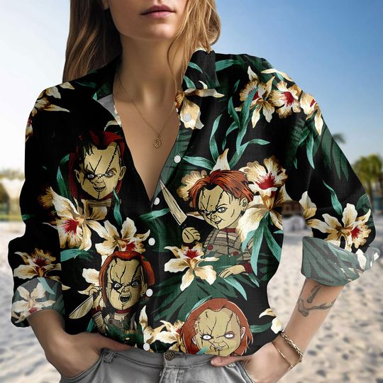 Discover Halloween Chucky Blouse Shirt, Retro Horror Character Floral Button Shirt, Vintage Scary Movie Casual Shirt For Women, Fall Festival Co
