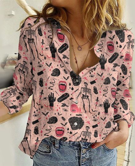 Discover Funny Skeleton Blouse Shirt, Halloween Women Shirt, Skull Casual Shirt, Horror Shirt, Spooky Season Shirt