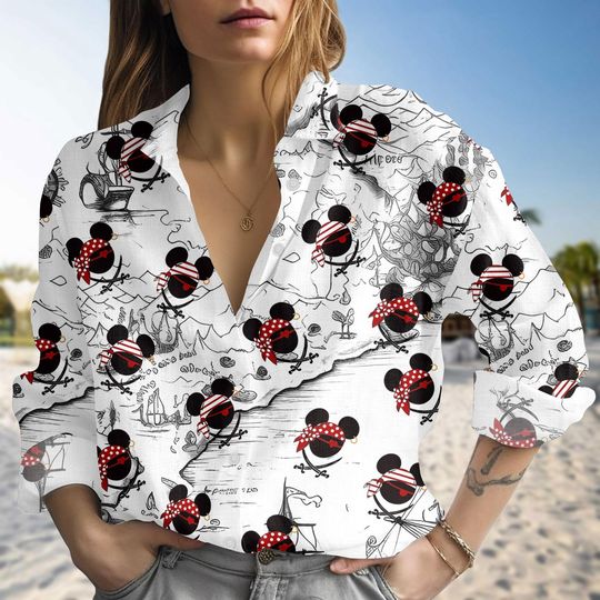Discover Halloween Pirate Mickey Linen-Look Shirt, Disney Pirate Blouse Shirt, Mickey Mouse Halloween Shirt, Cartoon Pirate Shirt, Disney Shirt