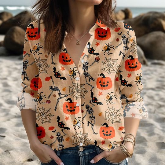 Halloween Dancing Skeleton Blouse Shirt, Pumpkin Women Shirt, Retro Horror Holiday Shirt, Spooky Season, Linen-Look Shirt, Gift For Her