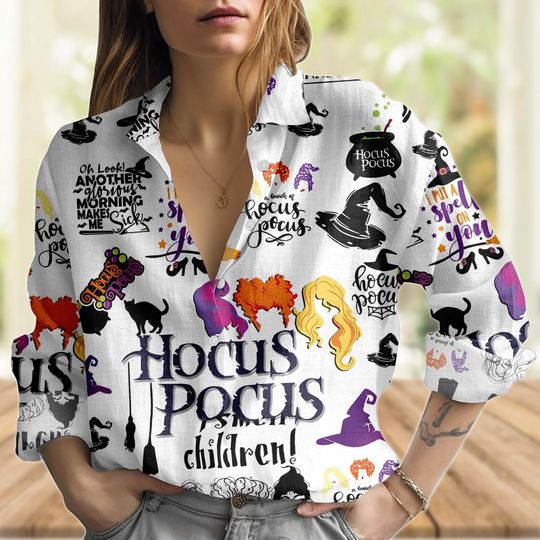 Discover Halloween Hocus Pocus Linen-Look Shirt, Sanderson Sisters Women Shirt, Witchy Movie Blouse Shirt, Disney Casual Shirt, Gift For Her