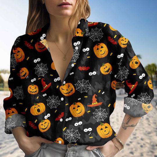 Discover Retro Witch Hat Halloween Shirt, Pumpkin Ghost Blouse Shirt, Spooky Season Pumpkin Casual Shirt, Long Sleeve Shirt For Women