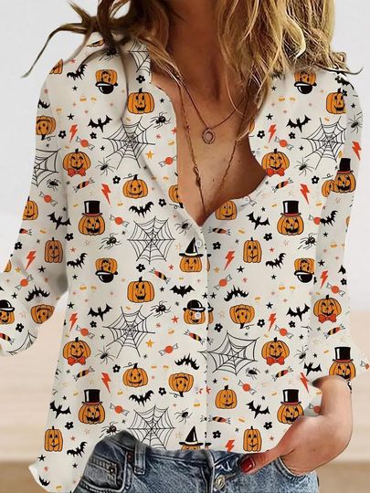 Discover Halloween Pumpkins Linen-Look Shirt, Spooky Season Blouse Shirt,  Witchy Spider Casual Tops, Fall Button Shirt, Pumpkin Women Blouse