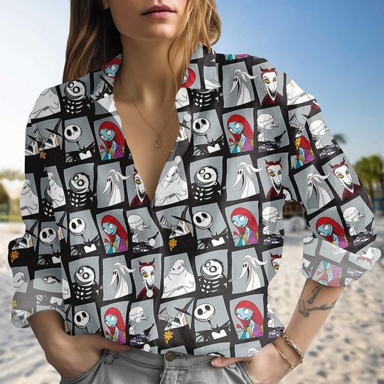 Nightmare Before Christmas Character Blouse Shirt, Disney Halloween Shirt, Jack and Sally Shirt, Spooky Halloween Shirt, Gift For Her