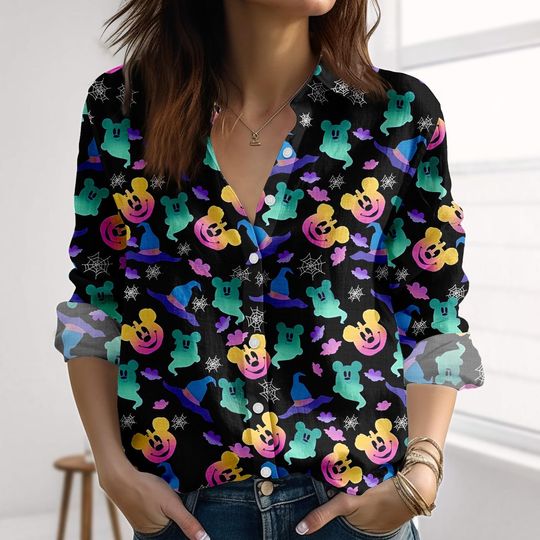 Discover Mickey Halloween Linen-Look Shirt, Neon Ghost Pumpkin Bat Woman Shirt, Disney Spooky Blouse Shirt, Gothic Casual Shirt, Halloween Gifts