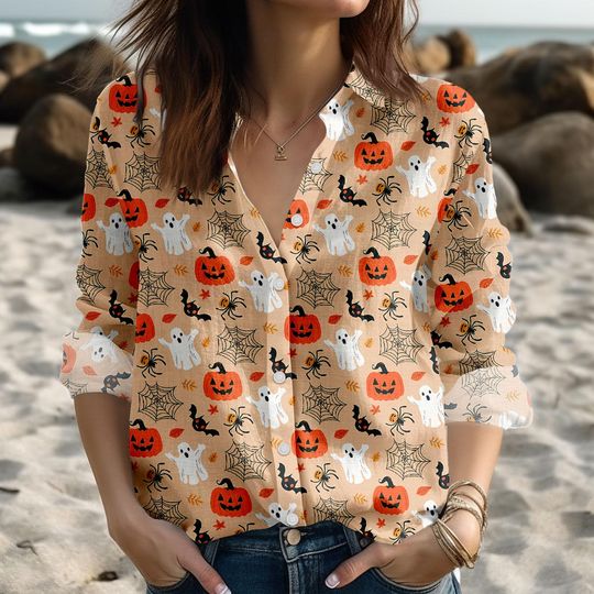 Cute Ghost Blouse Shirt, Pumpkin Women Shirt, Retro Horror Holiday Shirt, Spooky Season, Linen-Look Shirt, Halloween Shirt Gift For Her