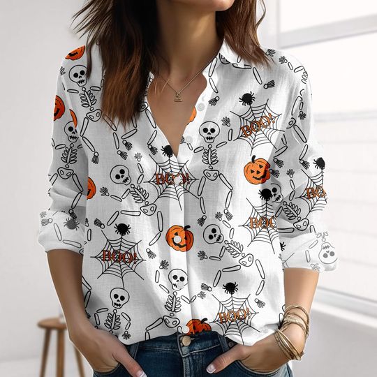 Discover Halloween Skeleton Linen-Look Shirt, Cute Pumpkin Blouse Shirt, Spider Web Boo Women Shirt, Spooky Casual Shirt, Halloween 2025 Gifts