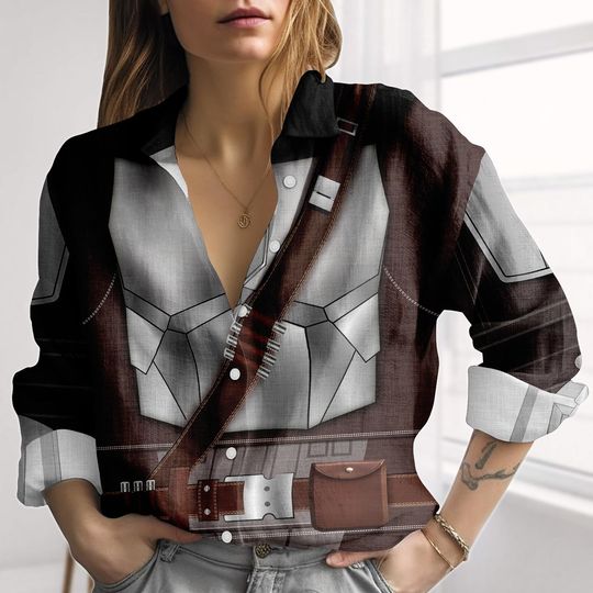 The Mandalorian Cosplay Linen-Look Shirt, Star Wars Women Shirt, Warrior Blouse Tops Women, Retro Grogu Casual Shirt, Halloween Gifts