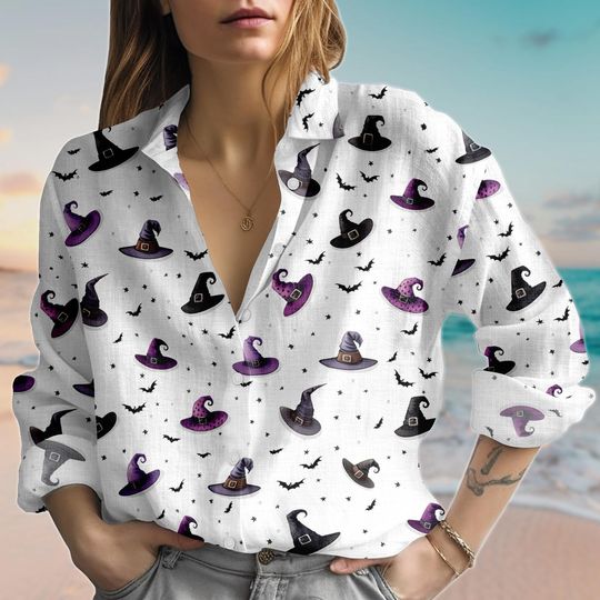 Witch Hat Halloween Linen-Look Shirt, Wizarding World Blouse Shirt, Magical Witchy Shirt For Women, Halloween Women Blouse,Button Shirt