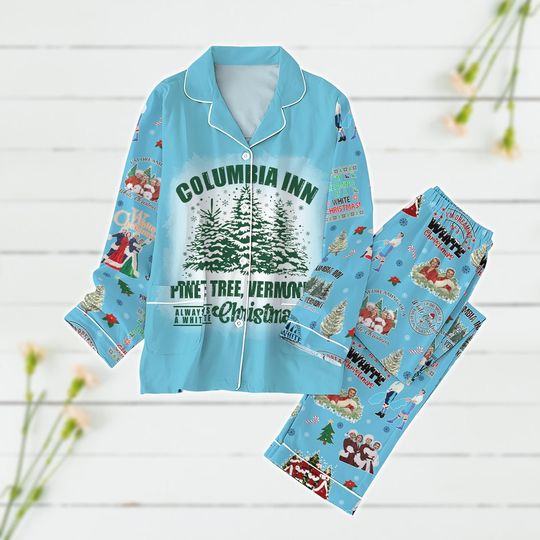 White Christmas Pajamas Set, Columbia Inn Pine Tree Vermont Pajamas