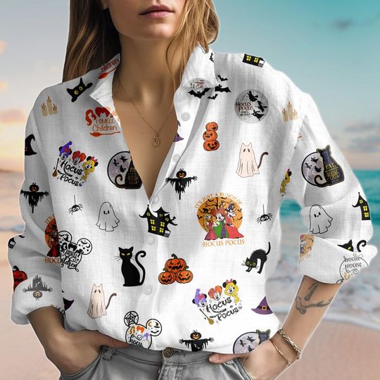 Discover Halloween Mickey And Friends Linen-Look Shirt, Disney Hocus Pocus Women Blouse, Ghost Bat Cat Blouse Shirt, Witchy Spooky Button Shirt