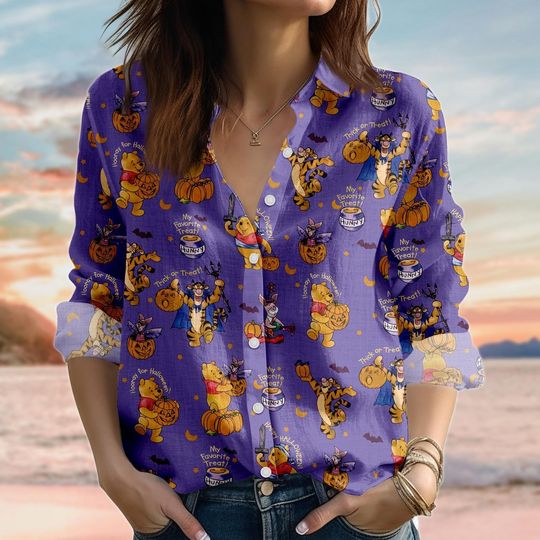 Discover Halloween Winnie Pooh Linen-Look Shirt, Disney Pumpkin Women Shirt, Retro Pooh And Friends Blouse Shirt, Spooky Cartoon Casual Shirt