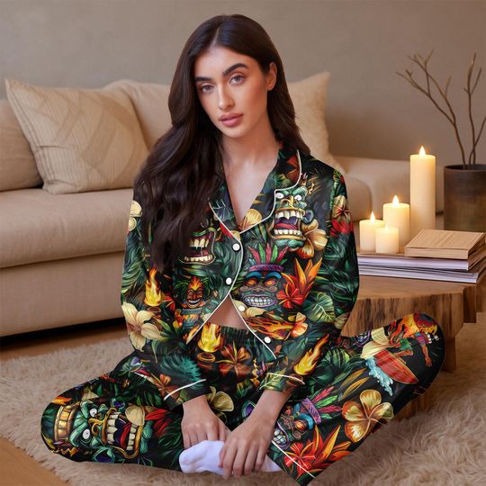 Discover Tiki Mask Satin Pajama Set for Women, Vibrant Hawaiian Long Sleeve Loungewear