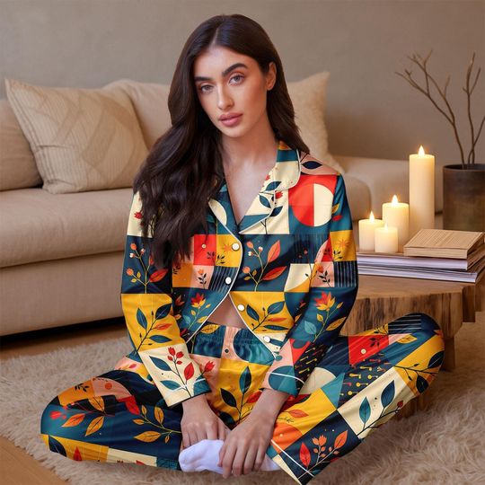 Modern Fall Satin Pajama Set for Women, Long Sleeve Sleepwear with Abstract Leaves Print