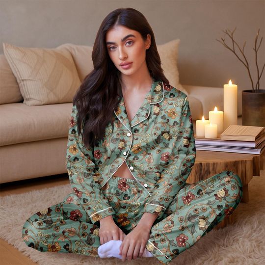 Discover Floral Satin Pajama Set for Women, Long Sleeve Lounge Sleepwear with Vintage Pattern