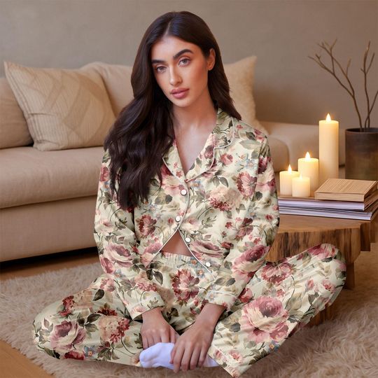 Vintage Floral Satin Pajama Set for Women, Long Sleeve Sleepwear with Romantic Rose Print