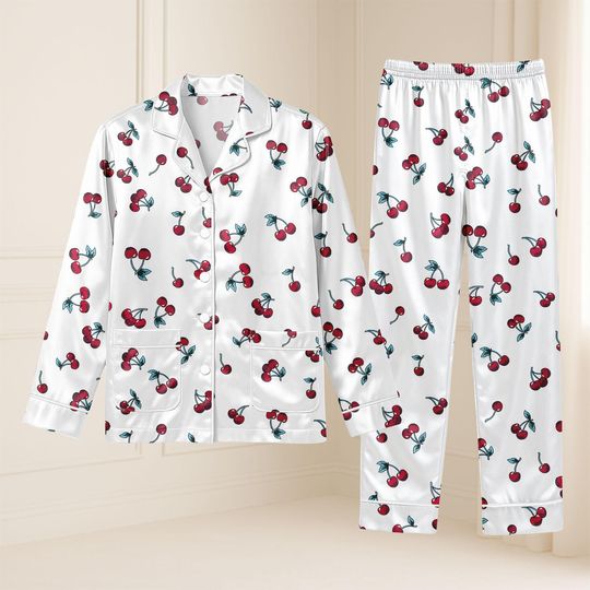 Discover Cherry Print Satin Pajama Set for Women
