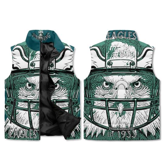 Eagles Helmet Puffer Vest Men Women Fierce Bird Design Unisex Winter Sleeveless Jacket Philly Football Outerwear