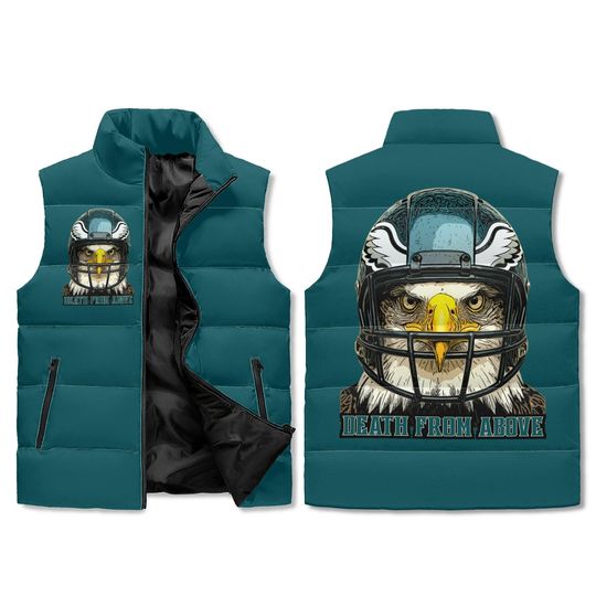 Discover Death From Above Puffer Vest Eagles Midnight Green Unisex Sleeveless Fan Jacket Fierce Football Outerwear