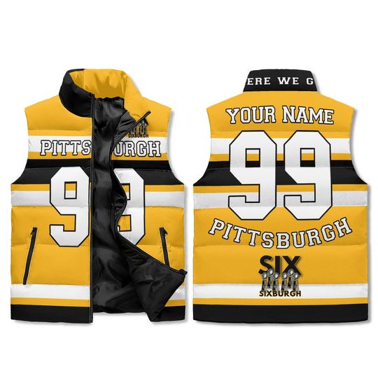 Pittsburgh Black Gold Puffer Vest, All Over Print, Stand Collar, Zip, Custom Name & Number, Unisex
