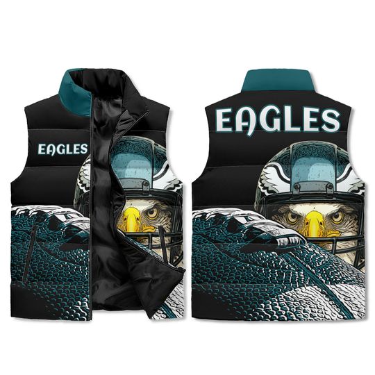 Discover Eagles Game Day Puffer Vest - All Over Print - Stand Collar Zip - Unisex Lightweight Layer