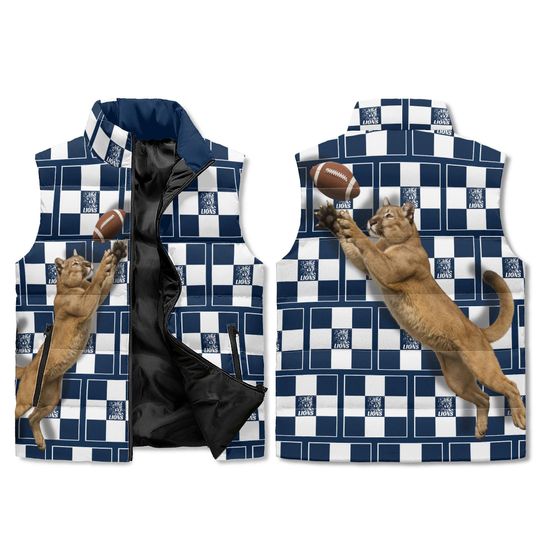 Mountain Lion Football Puffer Vest - Checkerboard Print, Lightweight Sleeveless Jacket
