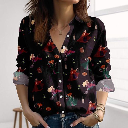 Disney Hocus Pocus Linen-Look Shirt, Sanderson Sisters Blouse Shirt, Witchy Halloween Casual Shirt, Spooky Fall Button Shirt For Women