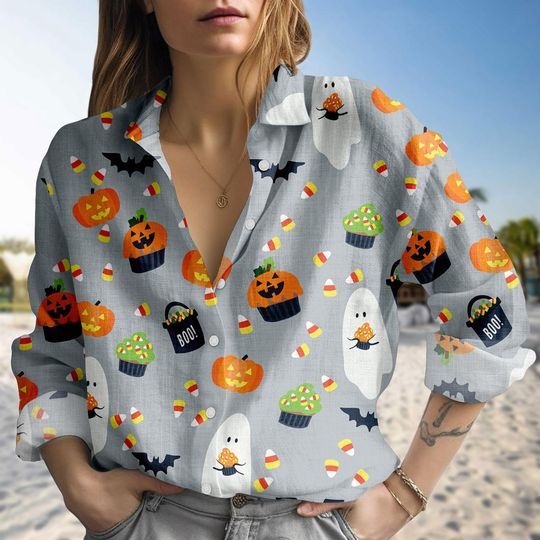 Discover Halloween Ghost Pumpkin Shirt, Boo Basket Horror Casual Shirt, Retro Ghost Candy Corn Blouse Shirt, Spooky Fall Attire Long Sleeve Shir