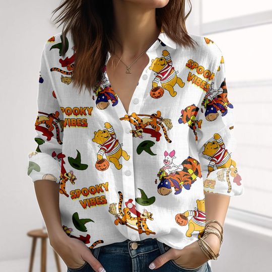 Discover Halloween Winnie Pooh Linen-Look Shirt, Pooh Tigger Piglet Women Shirt, Disneyland Blouse Shirt, Spooky Casual Shirt, Halloween Gifts