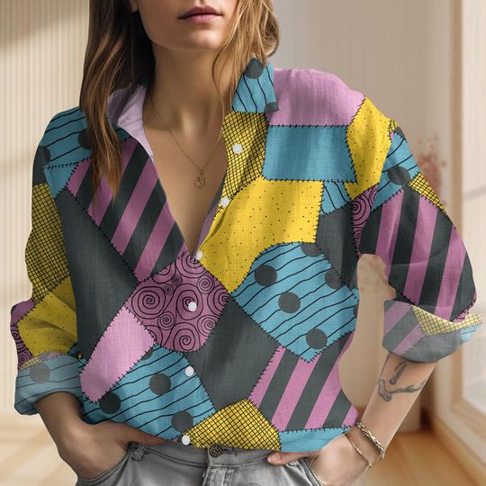 Halloween Sally Linen-Look Shirt, Sally Pattern Women Blouses, Nightmare Before Christmas Shirt, Disney Casual Shirt, Gift For Her