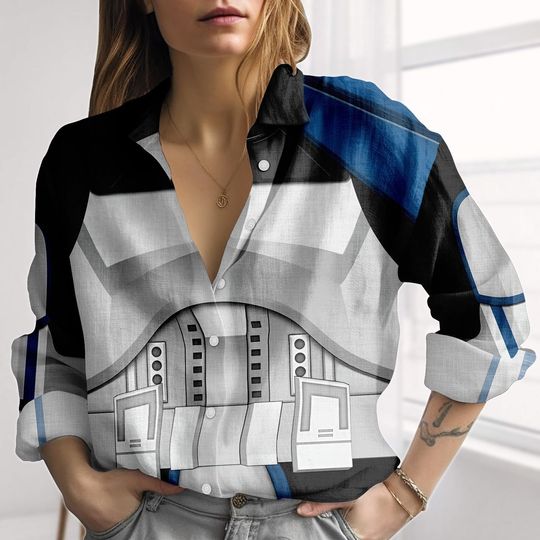 Discover The Clone Trooper Cosplay Linen-Look Shirt, Star Wars Women Shirt, Robots Blouse Shirt, Galaxy's Edge Casual Shirt, Halloween Gifts