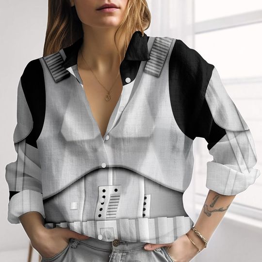 Stormtrooper Armor Cosplay Linen-Look Shirt, Star Wars Women Shirt, Clone Trooper Blouse Shirt, Robots Casual Shirt, Halloween Gifts