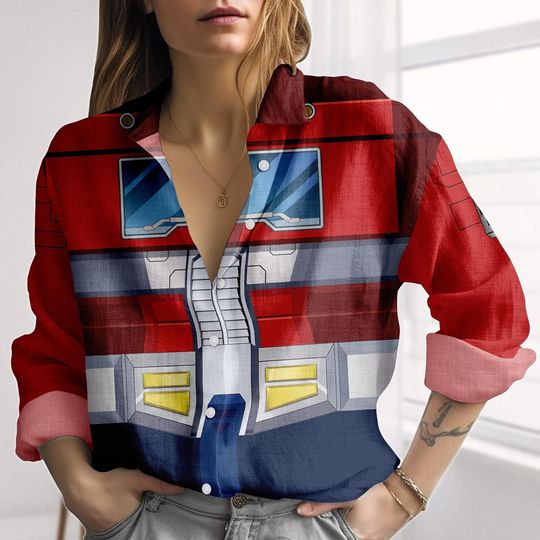 Discover Optimus Prime Cosplay Linen-Look Shirt, Transformers Women Shirt, Robots Movie Blouse Shirt, Autobots Fans Casual Shirt, Halloween Gift
