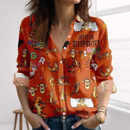 Discover Tigger Sleepy Linen-Look Shirt, Winnie The Pooh Women Shirt, Disney Trip Casual Shirt, Funny Tiger Cartoon Blouse Shirt, Gift For Her