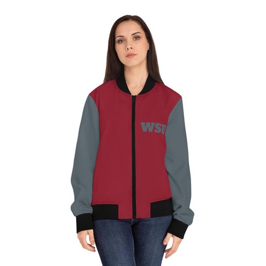 Discover Crimson and Grey Women's Bomber Jacket, WSU themed jacket, Sports jacket, school spirit, cougars fan coat, alumni jacket, gift