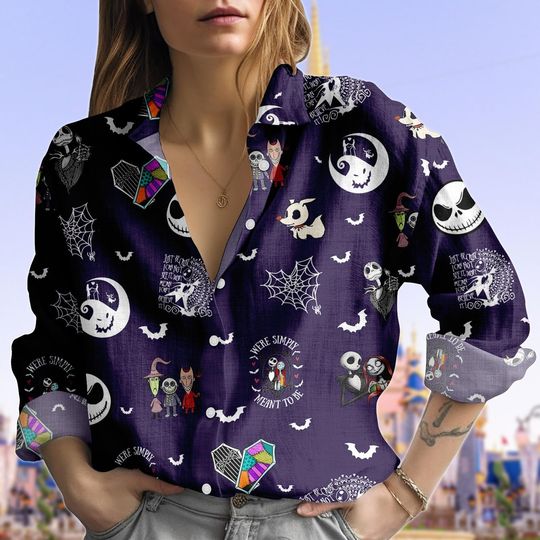 Vintage Nightmare Before Christmas Blouse Shirt, Jack Skellington Sally Casual Shirt, Disney Horror Shirt For Her, Halloween Gift