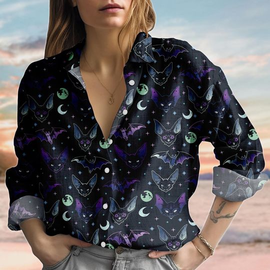 Discover Creepy Bat Linen-Look Shirt, Gothic Women Shirt, Spooky Season Casual Top, Halloween Witchy Shirt, Dark Cottagecore Shirt, Gift For Her