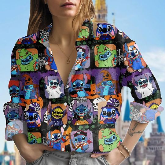Discover Disney Stitch Halloween Blouse Shirt, Stitch Ghost Women Shirt, Oogie Boogie Casual Shirt, Disney Halloween Party