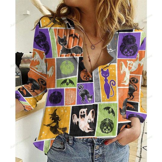 Retro Halloween Black Cat Blouse Shirt, Funny Ghost Women Shirt, Halloween Pumpkin Casual Shirt, Gift For Her