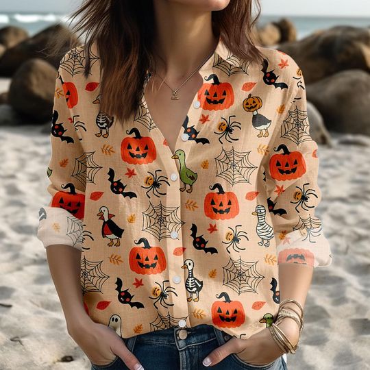 Halloween Goose Blouse Shirt, Spooky Goose Women Shirt, Halloween Linen-Look Shirt, Spooky Season shirt, Goosey Shirt, Gift For Her