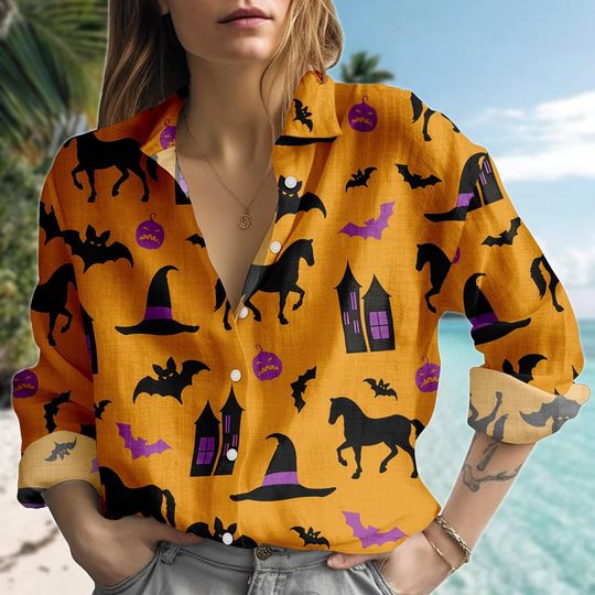 Halloween Spooky Horse Blouse Shirt, Western Halloween Women Shirt, Witch Hat Casual Shirt, Trick Or Treat