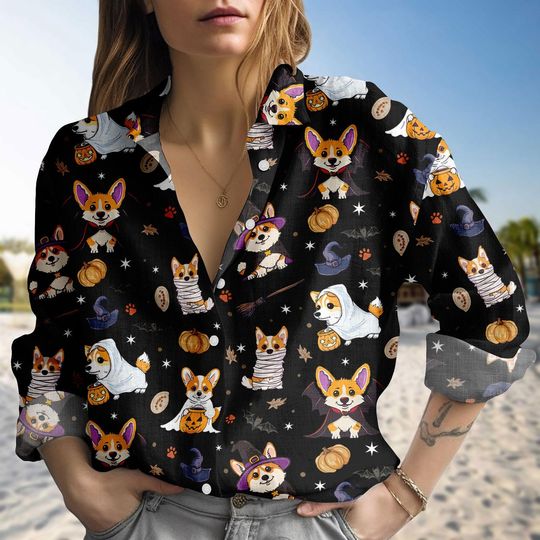 Halloween Corgi Dog Blouse Shirt, Spooky Dog Casual Shirt, Corgi Horror Long Sleeve Shirt For Women, Animal Hocus Pocus Shirt