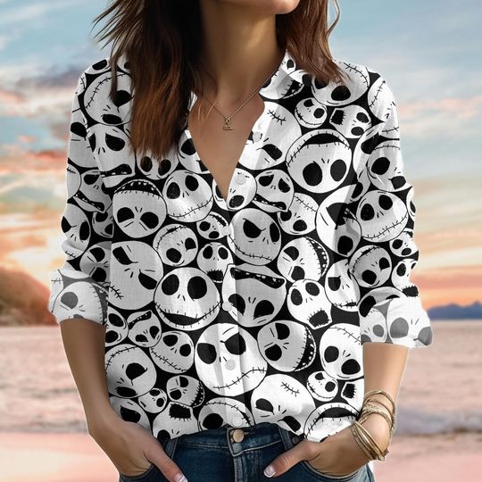 Jack Skellington Blouse Shirt, Disney Halloween Shirt, Nightmare Before Christmas Long Sleeve Shirt, Women Shirt, Spooky Season Shirt
