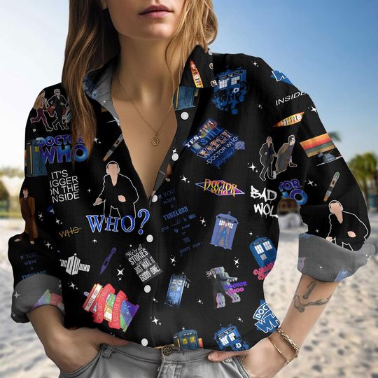 Doctor Who Blouse Shirt, Dr Who Casual Shirt, Tv Series Women Blouses, Tardis Police Box Long Sleeve Shirt, Gift For Her