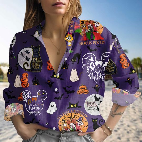 Discover Hocus Pocus Halloween Linen-Look Shirt, Disney Halloween Shirt, Witchy Blouse Shirt, Hocus Pocus Shirt, Spooky Halloween, Witch Costume